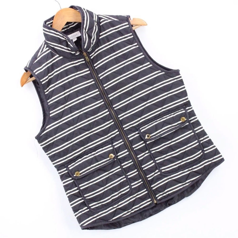 KENAR Womens Quilted Vest Gray Casual Striped Sleeveless Full Zip Lined Size M